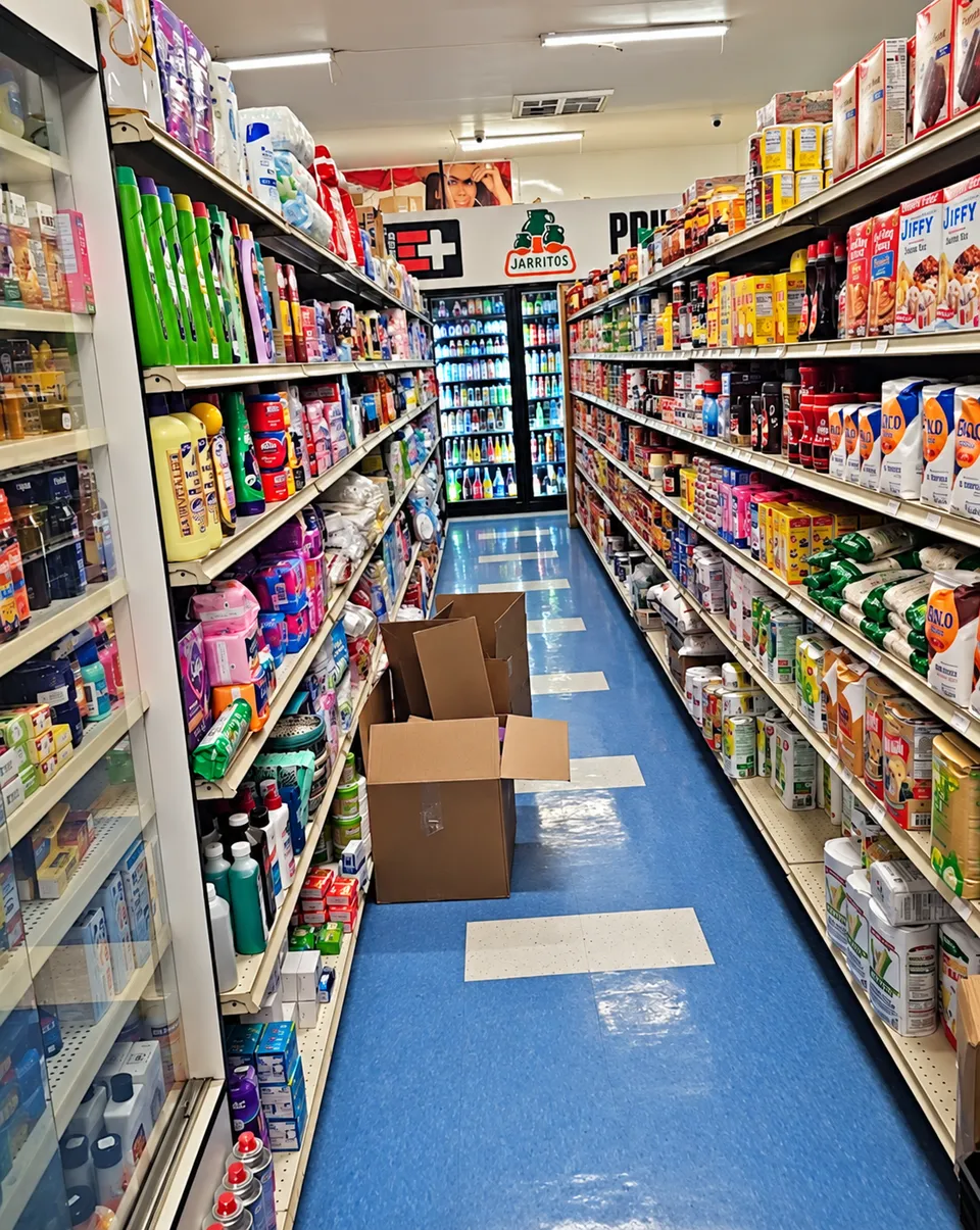 Grocery aisle with a blue floor, stocked shelves and coolers along the back wall