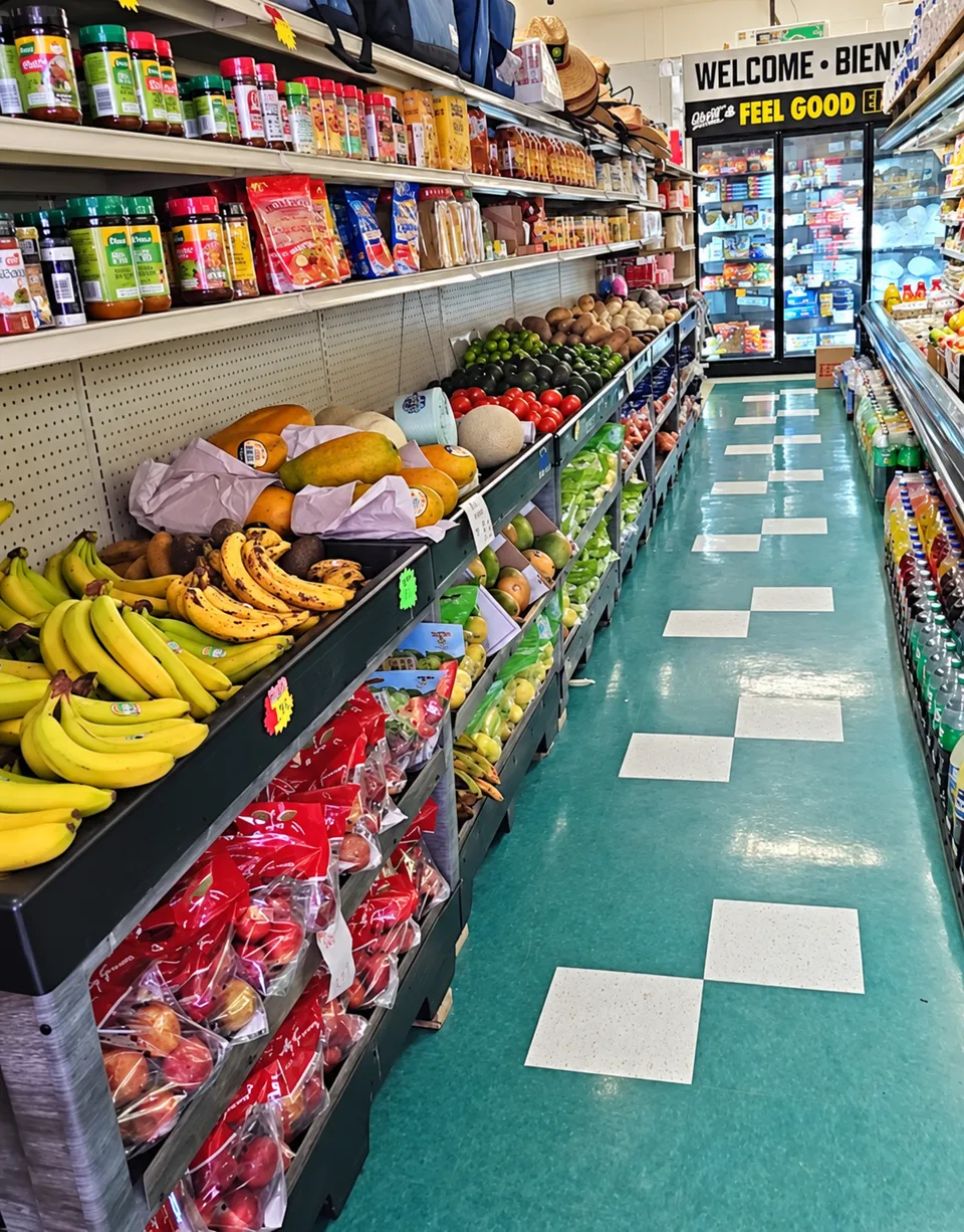 Produce display with bananas and fresh fruit beside a grocery aisle